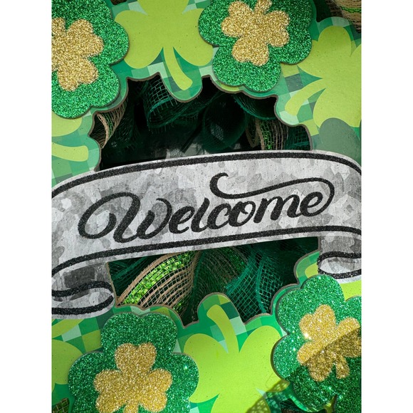 Welcome Shamrock Clover Saint Patrick’s Day Mesh Ribbon Wreath Door Hanger - Picture 5 of 9